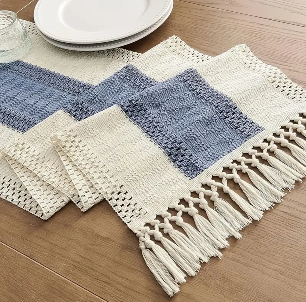 CAMINO DE MESA BEIGE/AZUL BOHO RAYAS Y BORLAS 30X183CM