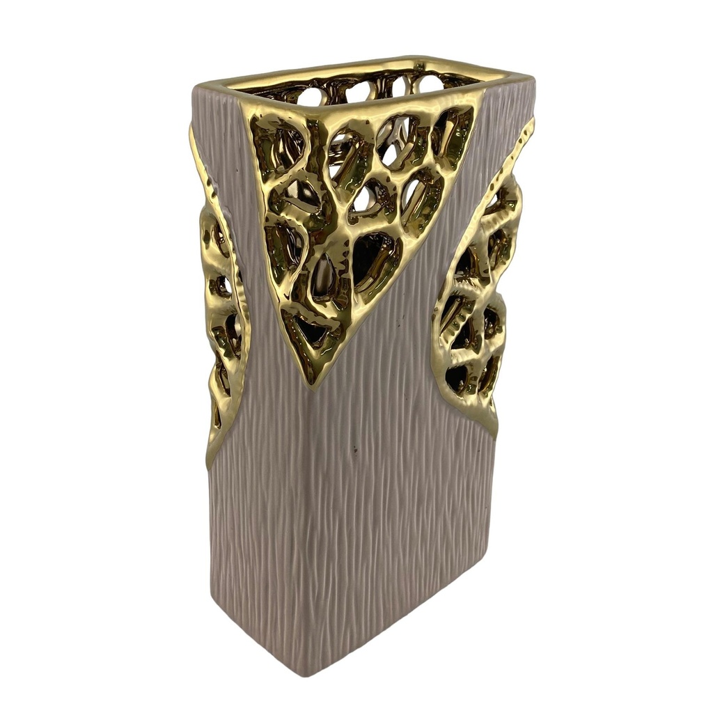 FLORERO ARENA/DORADO CUADRADO 14X8X25CM