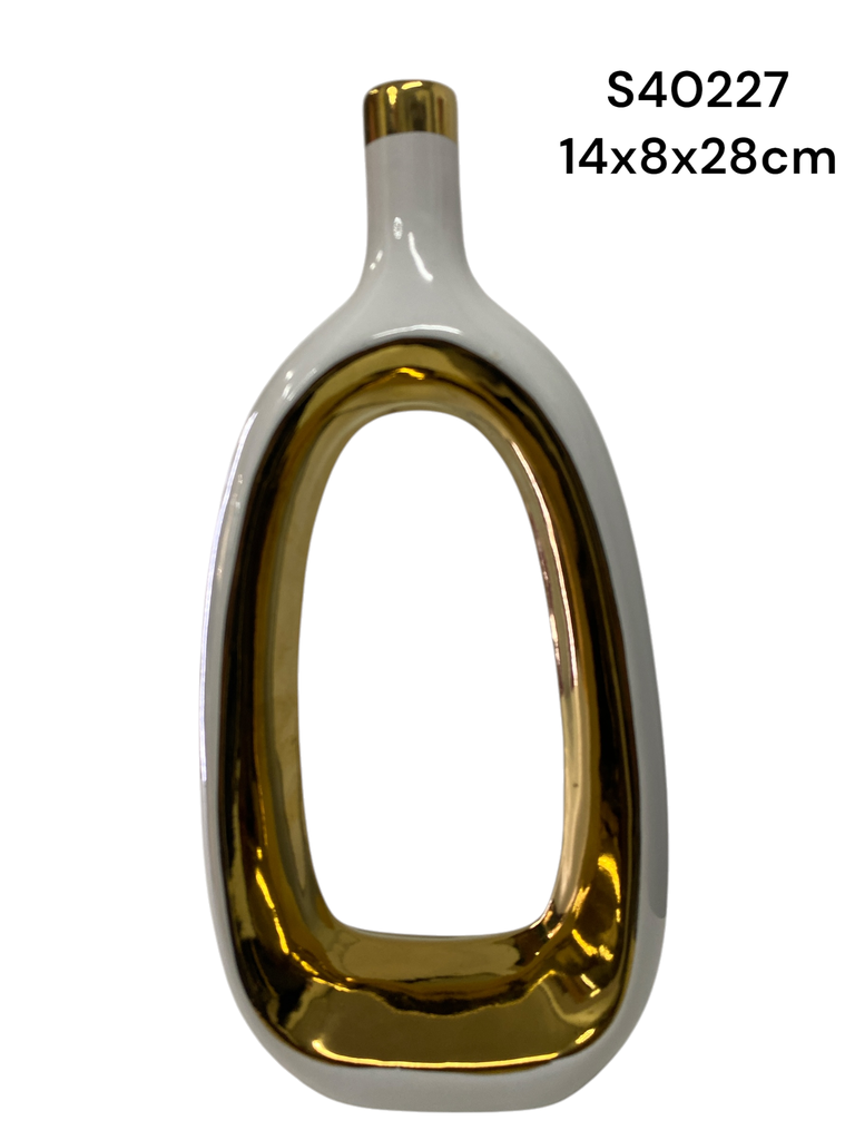 S40227 FLORERO PORCELANA BLANCO DORADO 14X8X28CM
