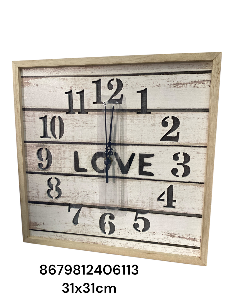 RELOJ CUADRADO MADERA LOVE 31X31CM