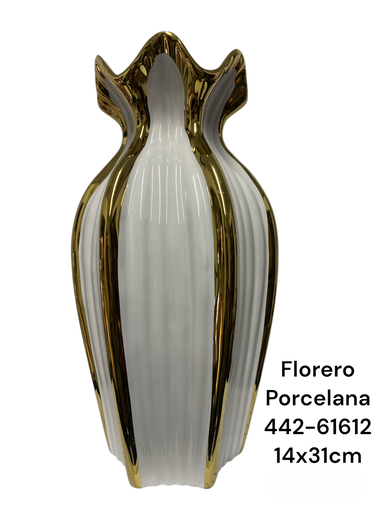 [442-61612] FLORERO PORCELANA  BLANCO/DORADO 14X31CM