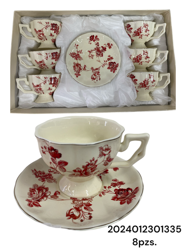 [2024012301335] SC13959 SET DE TAZAS CON PLATO 8PZ. PORCELANA ROJO