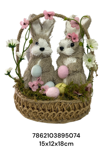 [7862103895074] 24MDS63 DECORACION CONEJOS PASCUA CANASTA 15X12X18CM